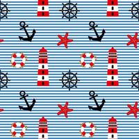 padrão náutico sem costura, âncora, farol, bóia salva-vidas, estrela do mar e leme em um fundo listrado. plano de fundo, impressão, têxtil, papel de parede