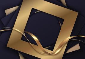 abstrato elegantes quadrados dourados 3d corte de papel com linha de onda de fita de ouro no estilo de luxo de fundo azul vetor