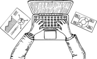 laptop e mãos no teclado. vista do topo vetor