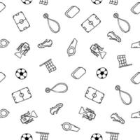 padrão de futebol sem costura. doodle ilustração de futebol com uma bola de futebol, copa do campeonato, sapatos, campo de futebol vetor