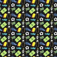 padrão de futebol sem costura. doodle ilustração de futebol com uma bola de futebol, copa do campeonato, sapatos, campo de futebol vetor