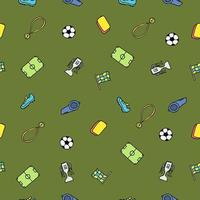 padrão de futebol sem costura. doodle ilustração de futebol com uma bola de futebol, copa do campeonato, sapatos, campo de futebol vetor