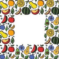 quadro de frutas. padrão de frutas sem costura com lugar para texto. ilustração colorida de doodle com fundo de frutas de ícones de frutas vetor