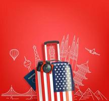 banner de viagem com bolsa dos eua e pontos turísticos famosos do mundo doodle. banner de vetor 3D com espaço de cópia
