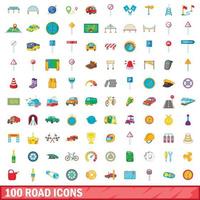 conjunto de 100 ícones de estrada, estilo cartoon vetor