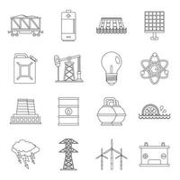conjunto de ícones de itens de fontes de energia, estilo de estrutura de tópicos vetor