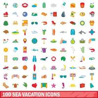 conjunto de 100 ícones de férias no mar, estilo cartoon vetor