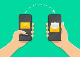 mão segura um telefone celular na tela do envelope e o botão enviar. notificação na tela do smartphone de uma nova mensagem. vetor