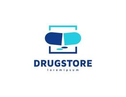 farmácia ou logotipo da medicina com ilustração de cápsula e pílula vetor