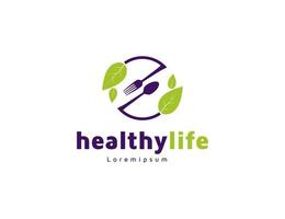 design de logotipo de comida saudável com folhas verdes vetor