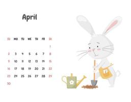 página do calendário para o mês de abril de 2023 com um coelho fofo, cavando com uma pá, plantando uma cenoura. jardineiro de coelho. adorável animal, um personagem em tons pastel. ilustração vetorial em branco. vetor