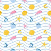 sem costura padrão com estrela do mar, nautilus, conchas e pérolas. animais marinhos. ilustração vetorial em um estilo de desenho animado plano em um fundo branco com ondas de textura azul para o verão, acessórios de praia vetor