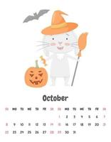 página do calendário para outubro de 2023 com um lindo coelho sorridente de chapéu, com uma vassoura e uma abóbora de halloween. adorável animal, personagem em tons pastel. calendário infantil. ilustração vetorial em branco vetor