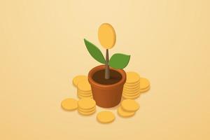 moedas em um vaso de plantas e uma pilha de moedas vetor