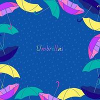 moldura quadrada com guarda-chuvas brilhantes sobre fundo azul vetor
