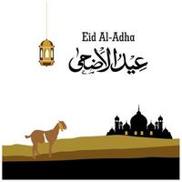 festival eid al adha. cartão com ovelhas de sacrifício e mesquita de silhueta no fundo do céu branco. tema eid mubarak. ilustração vetorial. postagem nas redes sociais vetor
