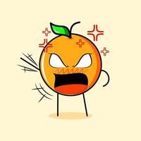 personagem laranja fofo com expressão de raiva. adequado para emoticon, logotipo, mascote. uma mão levantada, olhos esbugalhados e boca aberta vetor