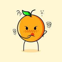 personagem laranja bonito com expressão de pensamento e mão colocada no queixo. adequado para emoticon, logotipo, mascote ou adesivo vetor
