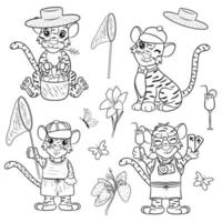 tigre. grande conjunto para colorir. ilustração a preto e branco para um livro de colorir. o símbolo do ano novo de acordo com o calendário chinês. estilo de desenho vetorial vetor