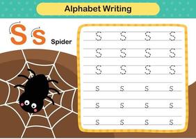 letra do alfabeto s - exercício de aranha com ilustração de vocabulário de desenho animado, vetor