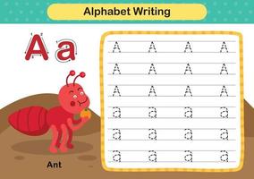 letra do alfabeto a - exercício de formiga com ilustração de vocabulário de desenho animado, vetor