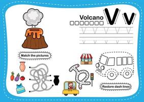letra do alfabeto v - exercício de vulcão com ilustração de vocabulário de desenho animado, vetor