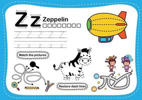 letra do alfabeto z - exercício de zepelim com ilustração de vocabulário de desenho animado, vetor