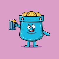 personagem de mascote de desenho de bolso com copo de cerveja vetor