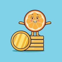 fruta laranja dos desenhos animados em pé na moeda de ouro empilhada vetor