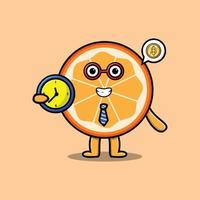 personagem de fruta laranja bonito dos desenhos animados segurando o relógio vetor