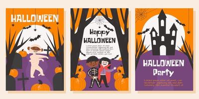 conjunto de cartazes de halloween, saudação ou cartões postais, banners, plano de fundo. floresta escura, cemitério, árvores secas, buts, big moon, aranha, abóbora e criança em traje de halloween vetor