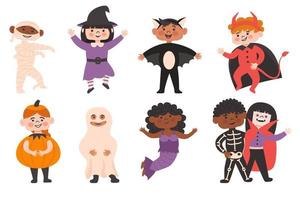 festa a fantasia infantil de halloween. bonitos diferentes nacionalidades meninas e meninos em vampiro, morcego, diabo, fantasma, sereia, múmia, bruxa de abóbora e fantasia de esqueleto. vetor