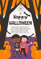 cartaz de halloween, saudação ou cartão postal, banner, plano de fundo. floresta escura, árvores secas, buts, lua grande, aranha, abóbora e criança em fantasia de vampiro e esqueleto. vetor