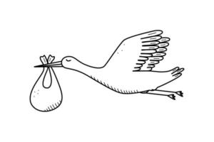 doodle de desenho animado de cegonha e recém-nascido. ilustração vetorial do conceito de nascimento ou aparência de um bebê. vetor