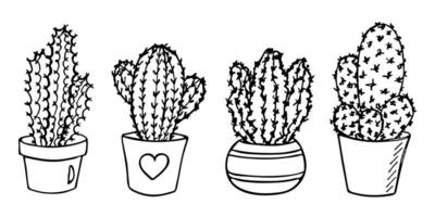 conjunto de cactos simples desenhados à mão bonito. planta de casa em um clipart de pote. ilustração de cactos. doodle em casa aconchegante. vetor