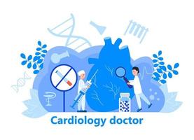 vetor de conceito de cardiologista para cabeçalho da web. ilustração de doença de hipotensão e hipertensão para aplicativo de cardiologia, web. sintomas e prevenção da pressão arterial. pequenos médicos tratam o coração.