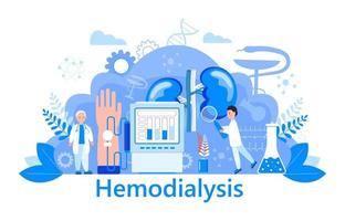 vetor de conceito de hemodiálise. Método de purificação do sangue extrarrenal na insuficiência renal aguda e crônica. médicos minúsculos tratam, testam rins. modelo azul para site, página de destino.