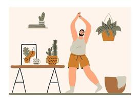 homem com excesso de peso positivo de corpo fazendo ioga em casa no estilo boho. personagem masculino adulto está envolvido em exercícios esportivos. ilustração vetorial desenhada à mão vetor