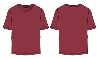 camiseta de manga curta técnica de moda desenho plano ilustração vetorial modelo de cor vermelha vistas frontal e traseira vetor