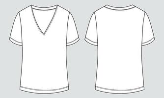 Modelo de ilustração vetorial de desenho plano de moda técnica de camiseta de gola v para senhoras vetor