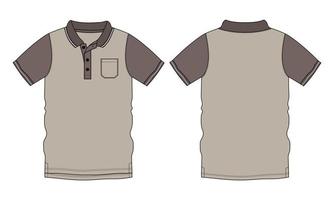 camisa polo de manga curta técnica de moda desenho plano ilustração vetorial modelo de cor cáqui vistas frontal e traseira vetor