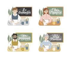 conjunto de ilustrações vetoriais planas isoladas com letras russas. homem sorridente, mulher, velhinha sentada na mesa. tradução russa feliz dia dos professores, dia do conhecimento, primeiro professor, 1º de setembro. vetor