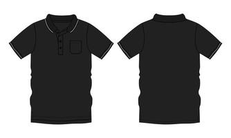camisa polo de manga curta técnica de moda desenho plano ilustração vetorial modelo de cor preta vistas frontal e traseira vetor
