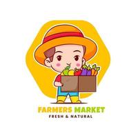 agricultor bonito segurando cesta com legumes. personagem de desenho animado chibi. ilustração em vetor logotipo arte. mercado de agricultores