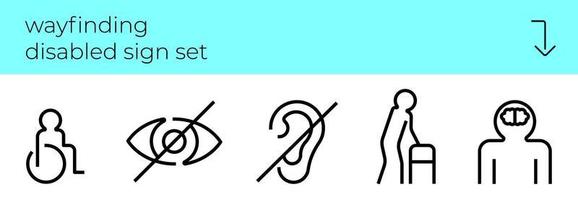 ícones de orientação. conjunto de sinais desativados. maneira encontrando símbolos ambiente acessível para deficiência. sinalização inclusiva para deficientes. cadeira de rodas, cego, surdo, andador e sinais de lugares públicos de doença mental. eps vetor