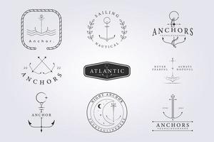 conjunto de âncora de distintivos de marinheiro vector design de ilustração para logotipo, impressão, vestuário, camisa, ícone, etiqueta. vários ícones náuticos de pirata do oceano de ondas de coleção com arte de linha e estilo de tatuagem