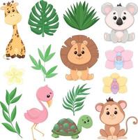 conjunto de animais de safári, selva e plantas tropicais vetor
