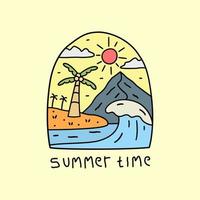 horário de verão, montanhas e coco com ondas no design de praia para design de t-shirt de arte vetorial gráfico emblema patch emblema vetor