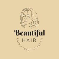 garota de logotipo de rosto de beleza com arte de linha de cabelo curto encaracolado vetor