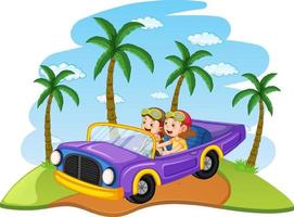 conceito de viagem com crianças dirigindo carro conversível clássico vetor